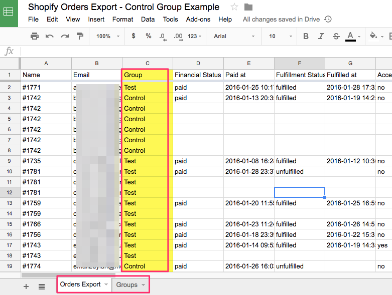 Shopify Orders Export Control Group Example Google Sheets 2